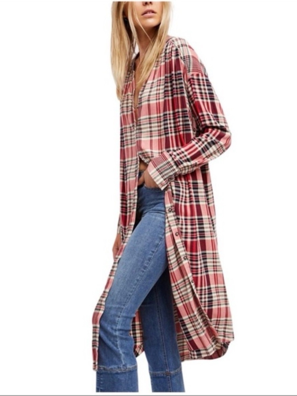 Free People Loralei Plaid Button-Front Midi Shirt Dress - Picture 2 of 11